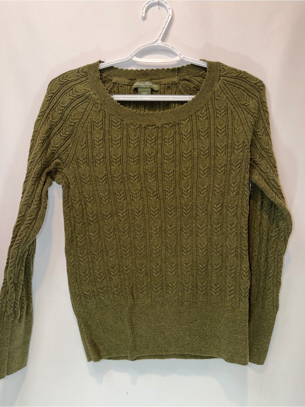 Eddie Bauer Olive Cable-Knit Crewneck Sweater